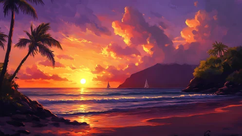 Radiant tropical sunset bathes a tranquil palm-lined cove