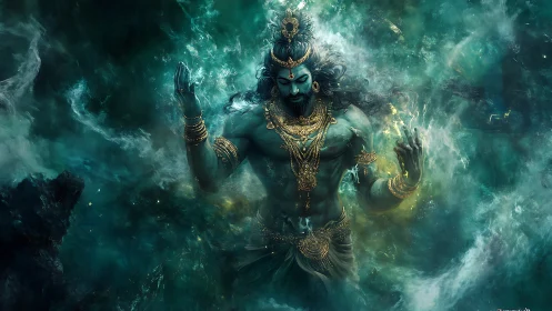 Mythic blue deity emerges from turbulent teal cosmic vortex