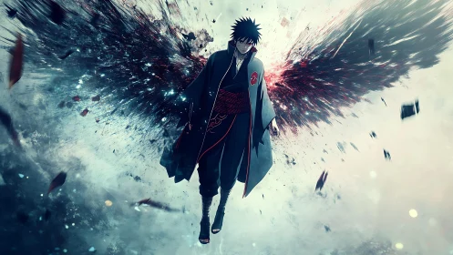 Moody anime hero rising with dark, shattered wings.