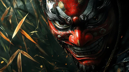 Warrior in red oni mask watching from the bamboo shadows.