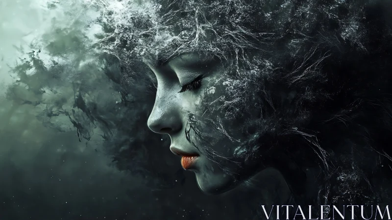 Surreal female profile merges with swirling dark textures