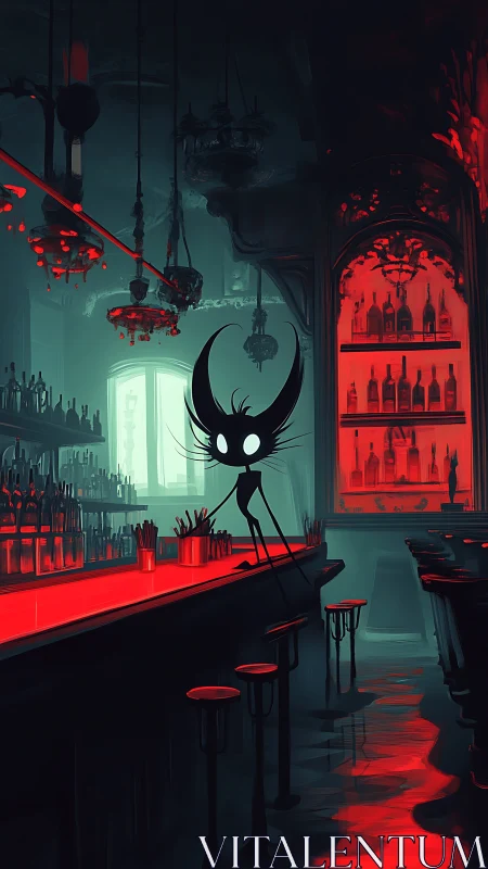 Shadowy creature stands at neon red bar in dark lounge.