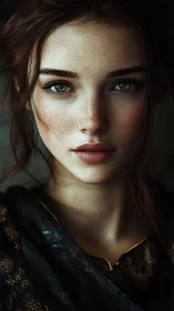 Close frontal portrait depicts young woman in dark clothing