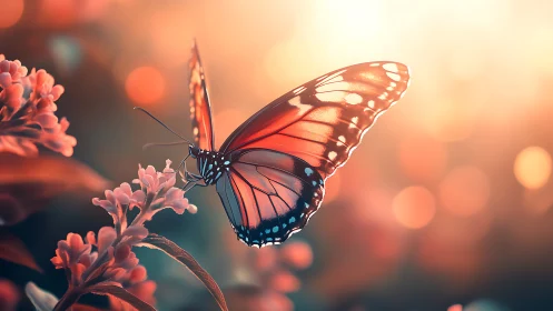 Gentle butterfly resting in glowing sunset garden light.