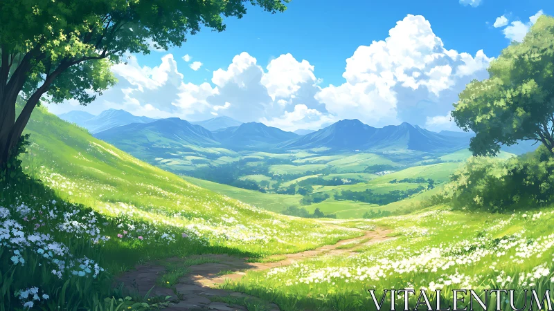 Sunlit valley path drifting toward daydream-blue mountains.