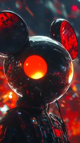 Glowing mouse-helmet android amid neon ember storm.