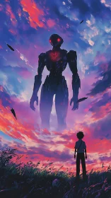 Bold sunset sky welcomes a child facing a glowing mech