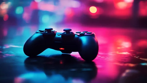 Game Controller with Neon Lighting and Bokeh Background.