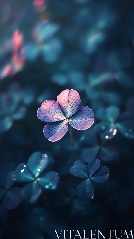 Soft twilight clover glows gently in a dreamy forest hush