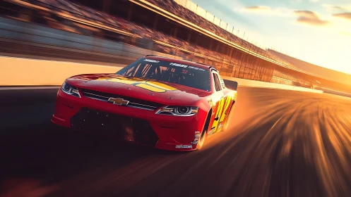 Sunset red stock car slinging sparks through liquid asphalt.