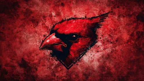 Scarlet cardinal head erupts from grunge-splattered crimson storm.