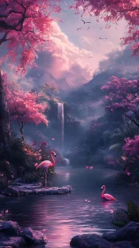 Flamingos stand beneath pink trees beside misty waterfall