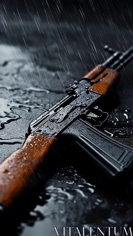 Rain-drenched rifle resting in cold battlefield silence.