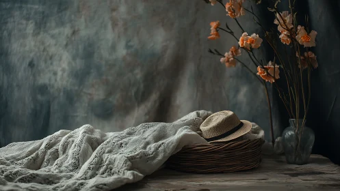 Still life with wicker basket, lace fabric and straw hat.