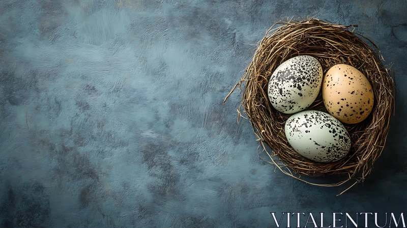 Speckled bird eggs in twig nest on textured blue surface.