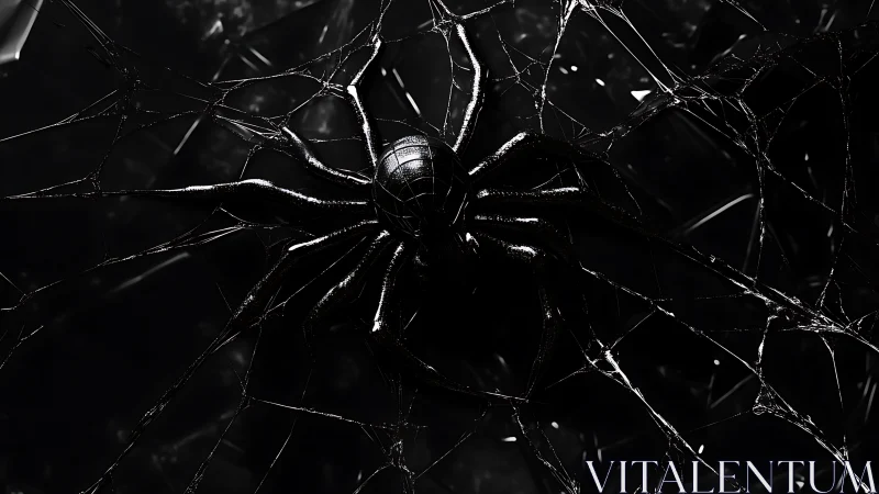Metallic cyber spider broods at the center of shadowed web