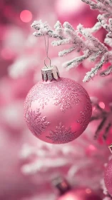 Pink glitter bauble on frosted Christmas tree branch.