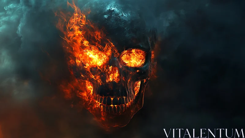 Infernal flaming skull emerges from swirling black smoke