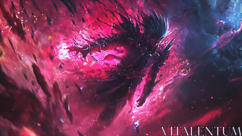 Voidborn warrior erupting through crimson cosmic rift.