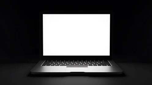 Laptop computer with blank white display centered in darkness