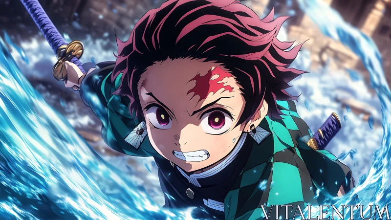 Determined anime swordsman unleashes a roaring water attack