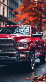 Red heavy-duty pickup truck on wet city street in autumn