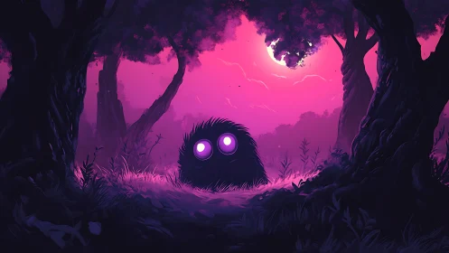 Moonlit fluff creature waits in neon violet dreamwoods.