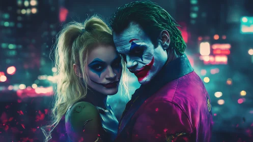 Neon clown duo lock eyes in electric city haze.