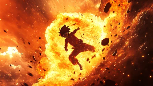 Flame-lit warrior hurtles through a collapsing molten sky