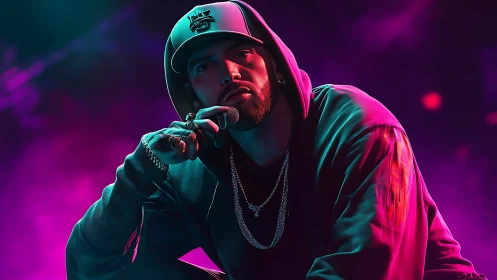 Digital neon rapper portrait under vivid stage lights.
