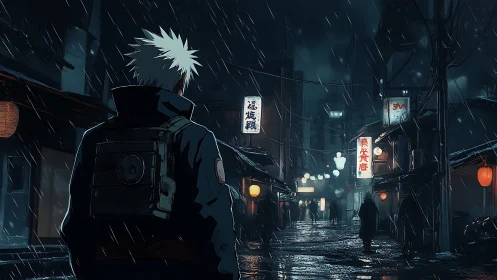 Rainlit alley hums while a lone wanderer measures shadows