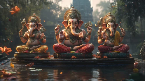 Trio of serene Ganesha statues in lush dawn temple garden.