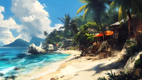 Tropical Island Sanctuary with Coastal Settlement and Volcanic Peak