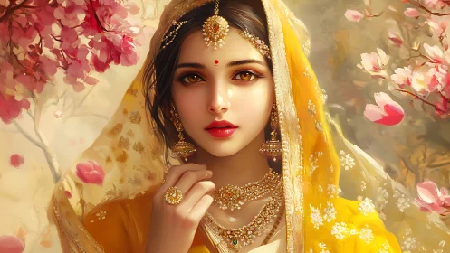 Bridal portrait in golden sari rendered as luminous digital painting