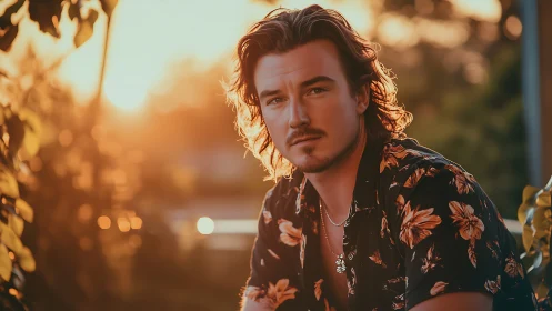 Sunlit portrait captures a relaxed man in golden hour glow