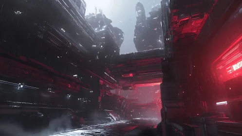 Neon-lit sci-fi alleyway glows under heavy futuristic rain