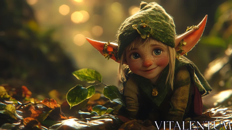 Forest sprite crouching in glowing bokeh woodland light.