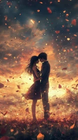 Couple in Fiery Landscape Embracing Amid Floating Embers.