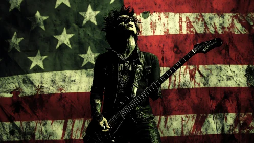 Rock guitarist silhouette ignites grunge American flag backdrop.