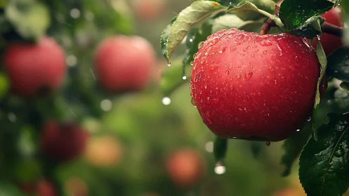 Photorealistic close-up of rain-kissed red apple on branch.