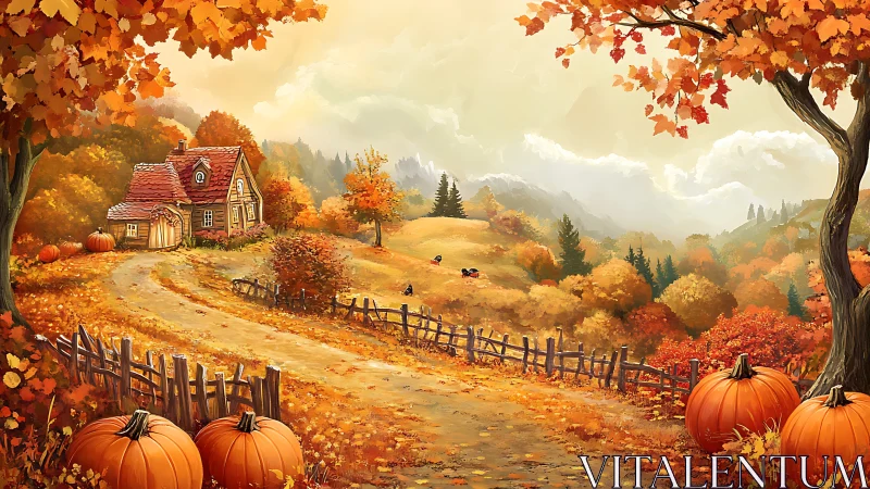 Autumn cottage landscape illustrates warm palette and controlled depth cues
