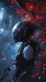 Cybernetic astronaut profile amid red petals in stellar void