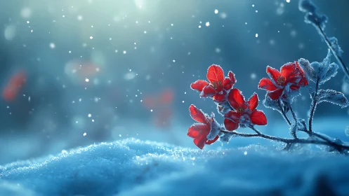 Red Flowers Frosted in Winter Snow and Ice Crystals