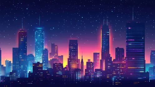 Neon city skyline glows softly under a calm, starry night