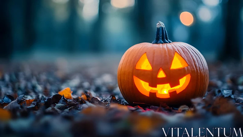 Glowing jack-o’-lantern smiles in a twilight autumn forest.