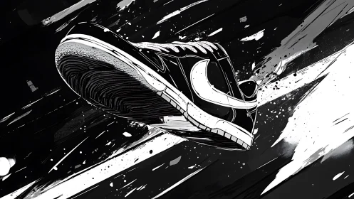 Dynamic sneaker in bold monochrome street art motion.
