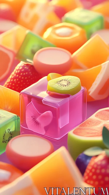 Gleeful fruit cubes gossip under a glowing candy sunrise