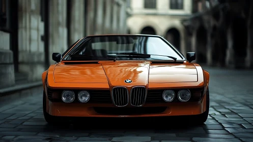 Low-angle frontal view of orange BMW sports coupe in cobbled street