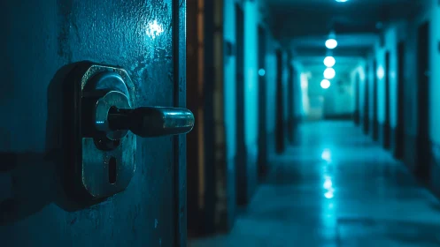Steel door handle dominates moody blue corridor scene.