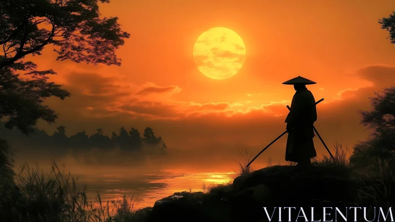 Lone river samurai waits beneath a molten ember sunset sky.